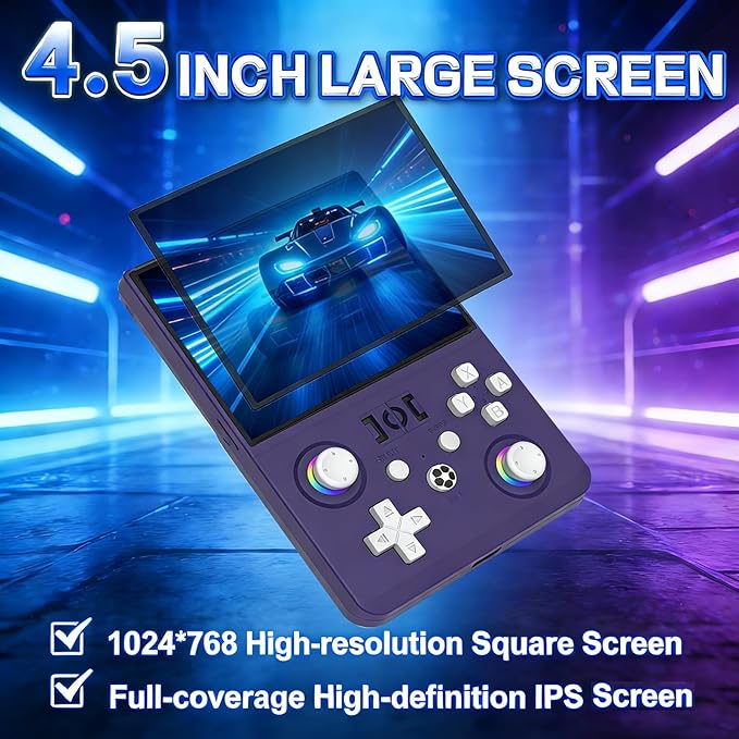 R36MAX 2 Retro Handheld Game Console, 4.5 Inch IPS HD Screen Portable Retro Game Console, 1.5GHz CPU Support 30+ Emulator Console Video Game Console, 4000mAh (Purple)