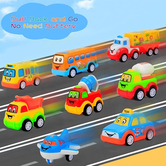 Forty4 9 Pack Cars Toys for 2 3 4 5 Years Old Toddlers Boys & Girls Gift, Big Transport Truck with 8 Small Cute Pull Back Trucks, Carrier Truck with Sound & Light 13.5 * 5.5 inch, 2.5 * 1.6 inch