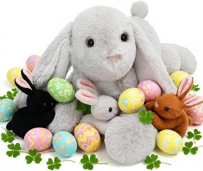 4 Pcs Easter Bunny Stuffed Animal - Large Stuffed Rabbit Plush Toys for Kids - Cuddly Mommy Bunny Surprise with 3 Small Bunnies