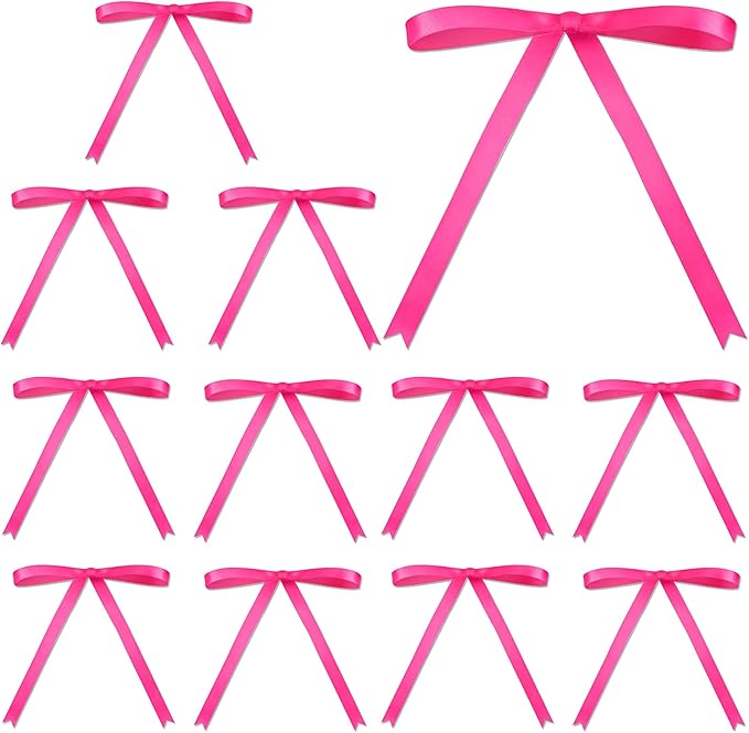 12 PCS Hot Pink Bow Cake Topper Bowknot Ribbons Coquette Bow Cake Decorations Dessert Picks for Pink Bows Birthday Party Bridal Baby Shower Wedding