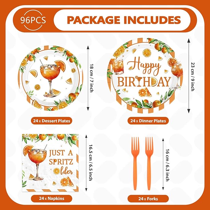 96 Pcs Spritz Birthday Party Decorations Just a Spritz Older Paper Plates and Napkins Orange Citrus Tableware Set for Boys Girls Birthday Cocktail Party Supplies