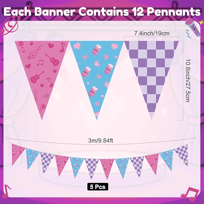 HESTYA 5 Pcs 49 ft Kpop Theme Pink Purple Blue Pennant Banner Pink and Purple Birthday Party Decor Kpop Theme Triangle Flag Bunting Garland for Birthday Supplies