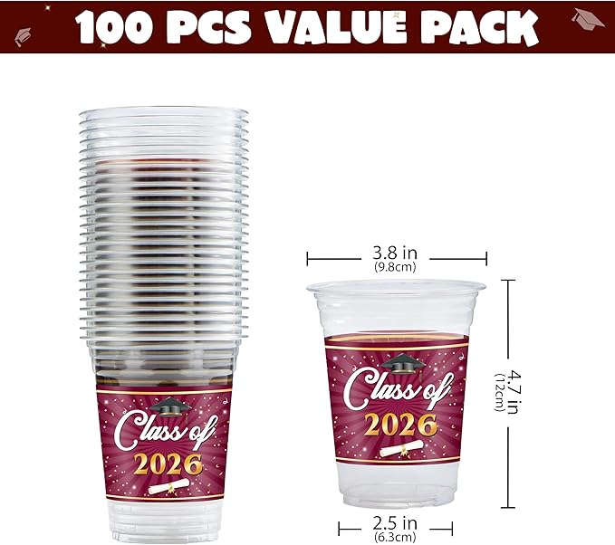 JOYIN 100 Pcs 16oz Graduation Party Plastic Cups (Maroon), Grad PET Cup Tableware Bulk for Class of 2026 Graduates, Disposable Cups for 2026 High School College Graduation School Grad Party Supplies