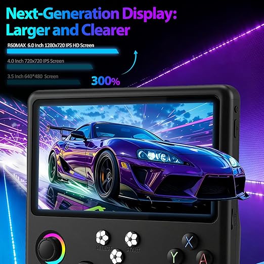 R60MAX Retro Handheld Game Console, 6.0 Inch HD IPS Screen, Retro Gaming Console Built-in 20000+Games, Portable Video Console, Linux System, Retro Game Consoles Ultra-Long Standby Time (Black 128GB)