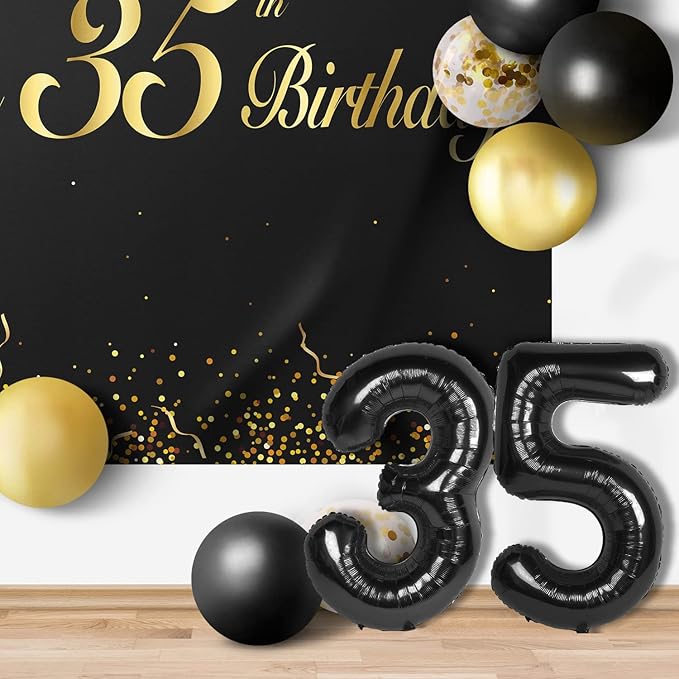 Happy 35th Birthday Balloons Black Set Decor - Cheers to 35 Years Old Party Theme Garland Banner Backdrop Decorations For Women and Men Supplies