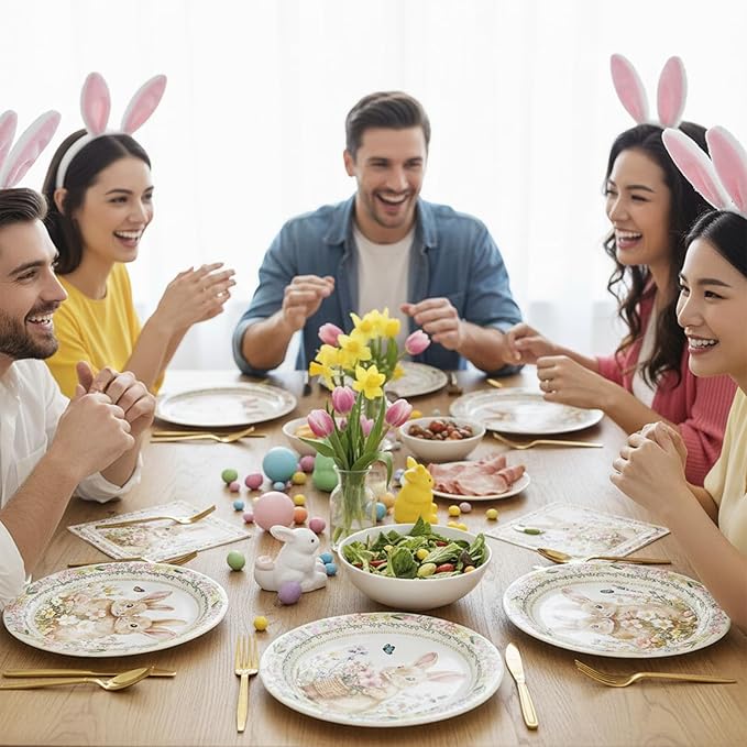 100 Pcs Easter Bunny Tableware Party Supplies, Serves 25, Disposable Vintage Floral Bunny Paper Plates, Napkins, and Gold Forks, Spring Dinner, Birthday, Easter Day Brunch Party Decorations