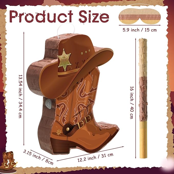 Pajean 3 Pcs Cowboy Boot Piñata Set Western Country Party Decorations Cowboy Hat Piñata with Stick Eye Mask for Boys Wild West Rodeos Birthday Baby Shower School Sports Events Gatherings Supplies