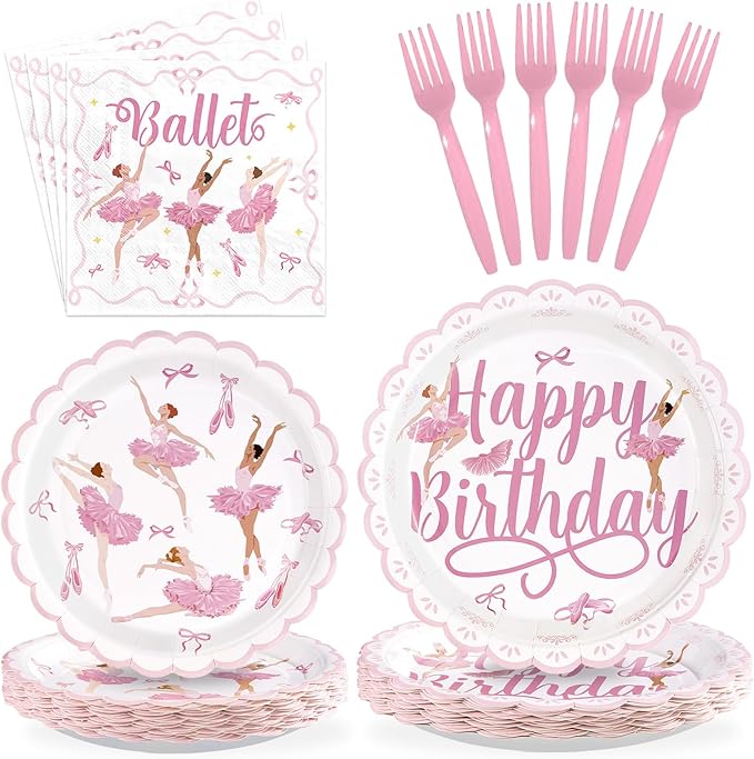 96Pcs Ballerina Birthday Party Supplies Pink Dancing Girl Ballet Plates and Napkins Tableware Sets Ballerina Dancer Themed Decorations for Girls Women Baby Shower Tutu Dance Party Serves 24