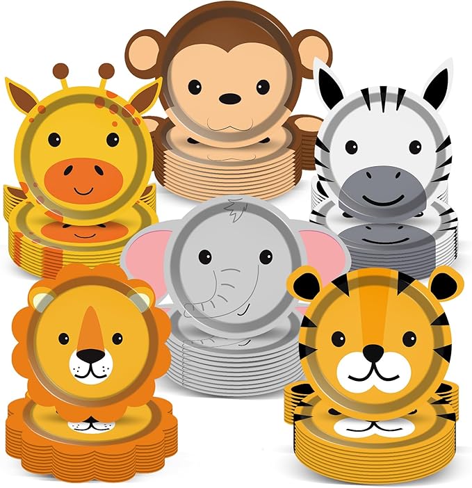 60 Count Jungle Safari Party Paper Plates Animal Shaped Disposable Plates Safari Theme Party Plates Safari Birthday Party Dinnerware Plates for Birthday Baby Shower Jungle Animal Theme Party Favors