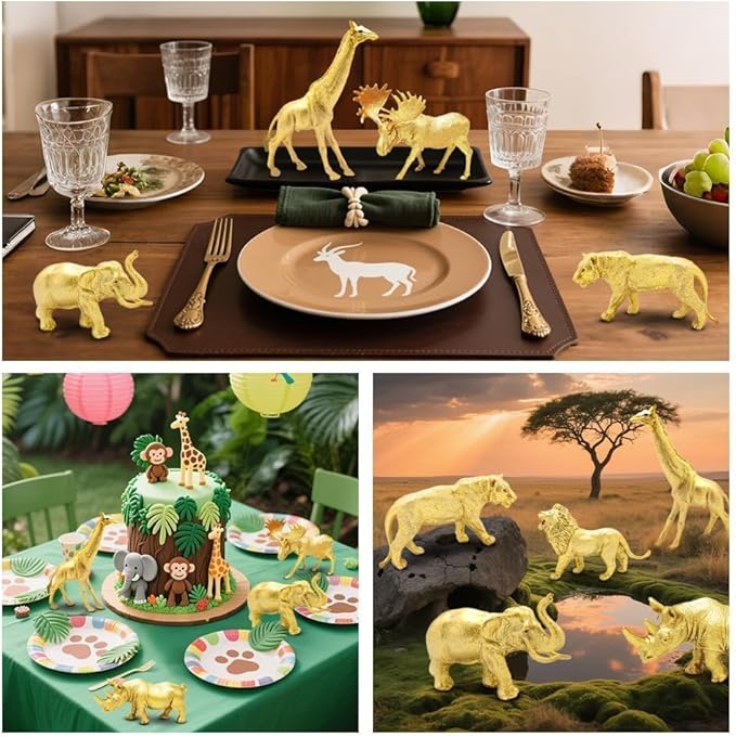 Metallic Gold Plastic Animal Figurines Toys, 12PCS Golden Safari Zoo Animal Figures, Jungle Wild Animals for Baby Shower Decor, Safari Themed Birthday Party, Christmas Decoration Gifts