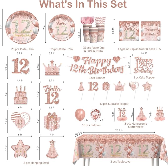 201 Pcs 12th Birthday Decorations for Girls, Pre-assembled Happy 12th Birthday Banner Cake Topper Rose Gold Plates and Napkins Party Supplies with 2 Pcs 12 Birthday Tablecloth for 12 Year Old Girl