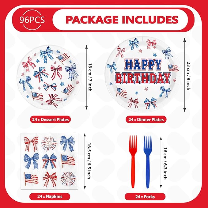 96Pcs Red White and Blue Birthday Decorations Patriotic Plates and Napkins Disposable Blue and Red Bows Decor Paper Tableware for Girls Happy Birthday Presidents Day Party Supplies Serves 24