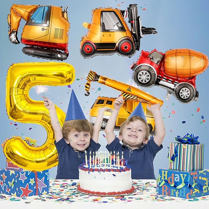 Construction Birthday Party Supplies 5 Year Old, Large Construction Balloons 40Inch Gold Number 5 Balloon Construction Truck Foil Balloons for Boys 5th Construction Birthday Party Decorations