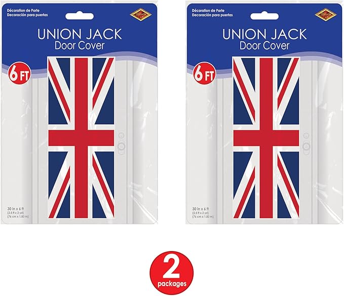 Beistle Plastic Union Jack Door Covers, 6' x 30", Set of 2 - British Flag Themed Decorations, International Party Supplies, Red White & Blue England Decor, Front Porch Banner