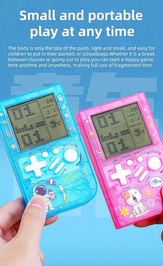 Kids Brick Game Console Small Portable Transparent Body Built-in 23 Retro Blocks Games Adjustable Difficulty/Speed Powered by 2 AAA Batteries Kids/Students Birthday Toys (Pink)