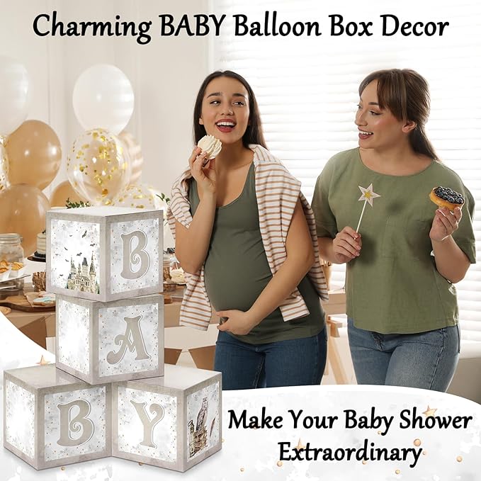 Chunful 4 Pcs Magical Wizard Baby Shower Boxes with Letters for Baby Shower Gender Reveal Balloon Boxes Party Decorations Magic Witch Theme Birtyday Party Supplies