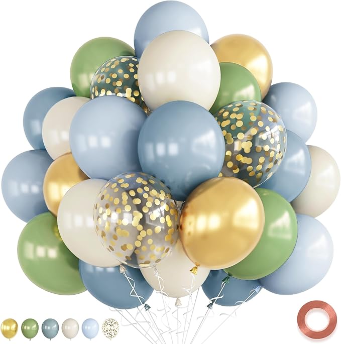 Dusty Sage Green Blue Balloons, Muted Slate Blue Green Gold Balloon, 12 Inch Olive Green Cream White and Gold Balloon for Woodland One Silly Goose Lucky Birthday Decor Baby Bridal Shower Decorations