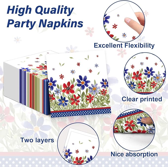 96Pcs American 4th of July Independence Party Plates and Napkins Patriotic Party Decorations Memorial Days Dessert Plates Poppy Flower Tableware for 24 Guests Labor Veterans Days Party Supplies