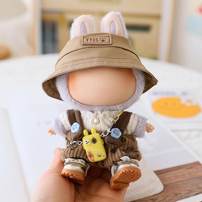 Clothes for Lu bubu 17cm Dolls Accessories(No Doll), Cute Outfit Set 5 Pieces Bib Pants for 17cm Doll Suit, Stylish Dress Up Overalls Doll Clothing Set Replacement with Hat Clothes Shoes Brown