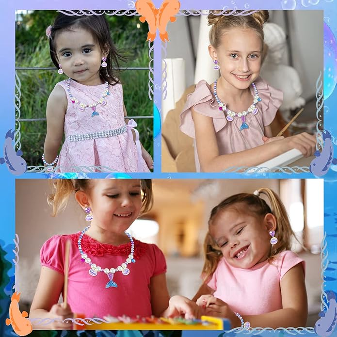 Keenjorika 6pcs Girls Princess Necklace Bracelets Ear Clips Set Mermaid Crown Pendant Colorful Plastic Princess Party Dress Up Pretend Play Christmas Gift