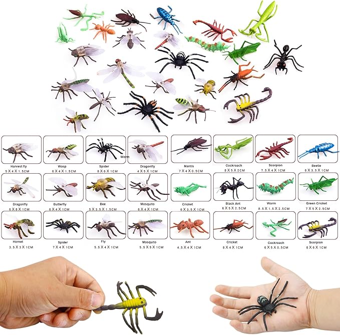 Insect Bug Toy Figures for Kids Boys Girls (24pcs), 2-4” Fake Bugs - Fake Spiders, Cockroaches, Scorpions, Crickets, Lady Bugs, Mantis and Worms for Education and Christmas Party Favors by Pinowu