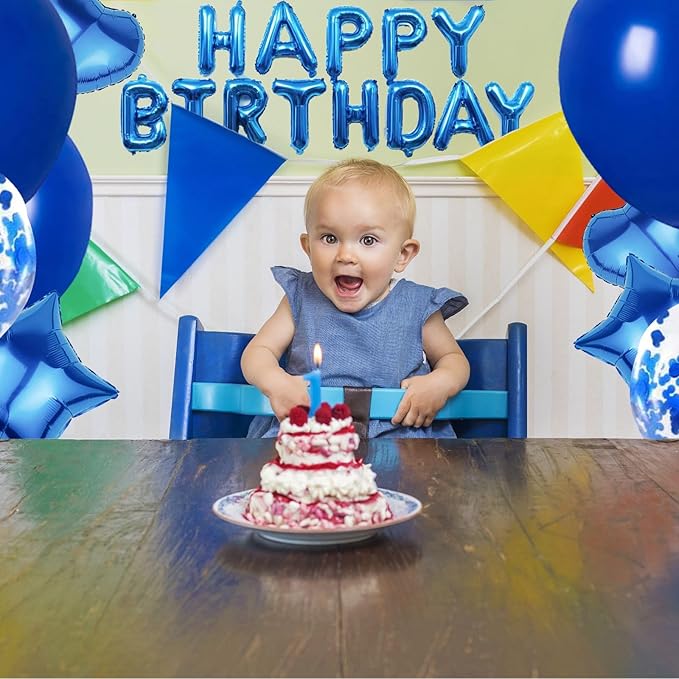 27 Pcs Dark Blue Birthday Decorations, 3D Foil Dark Blue Happy Birthday Balloon Banner, Pentagram Heart Foil Balloons Confetti Balloons Kit For Boys Girls Birthday Party Supplies