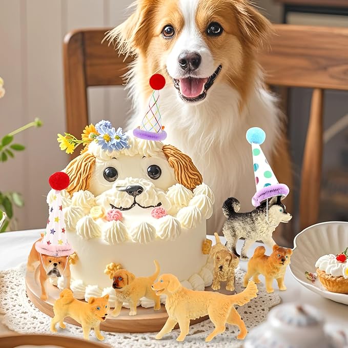Hooqict 20Pcs Dog Cake Topper Animals Figures with Mini Party Hats Dog Birthday Cake Decorations Cupcake Toppers for Puppy Themed Birthday Party Decorations
