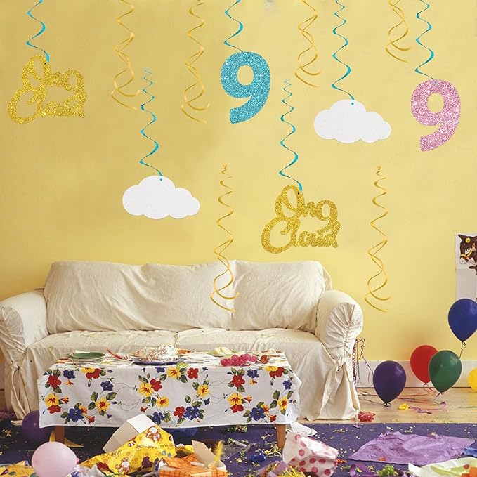Maicaiffe On Cloud 9 Hanging Swirl Decorations - Glitter 12 Pcs 9th Birthday Party Supplies - Children Birthday - Nine Streamers - Nine Years Old Party Foil Swirls Ceiling Decorations