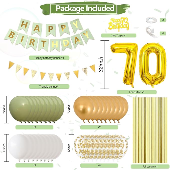70th Birthday Decorations for Men Women, gold green Happy Birthday Party Decorations With Number 70 Balloons sage green Gold Confetti balloons Fringe Curtain Cake Topper For 70th Party Supplie