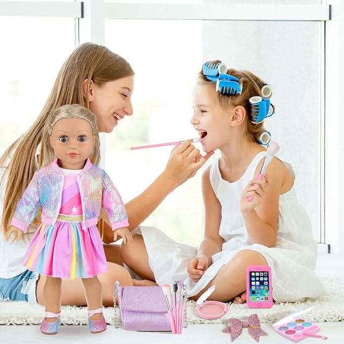 UNICORN ELEMENT American 18 Inch Doll Makeup Accessories and Clothes,Sequin Backpack Set for 18" Dolls Include Skirt Bracelet Hair Clip Phone and Makeup Sets（No Doll and Shoes