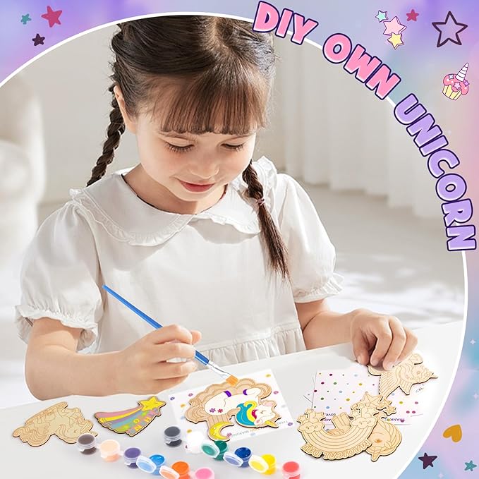 Winrayk 12 Pack Pre-Packaged Unicorn Party Favors for Girls, Wooden Unicorn Cutouts with Gift Cards & Painting Kits, Kid Rainbow Princess Art and Crafts Goodie Bag Stuffer Birthday Decoration Supplies