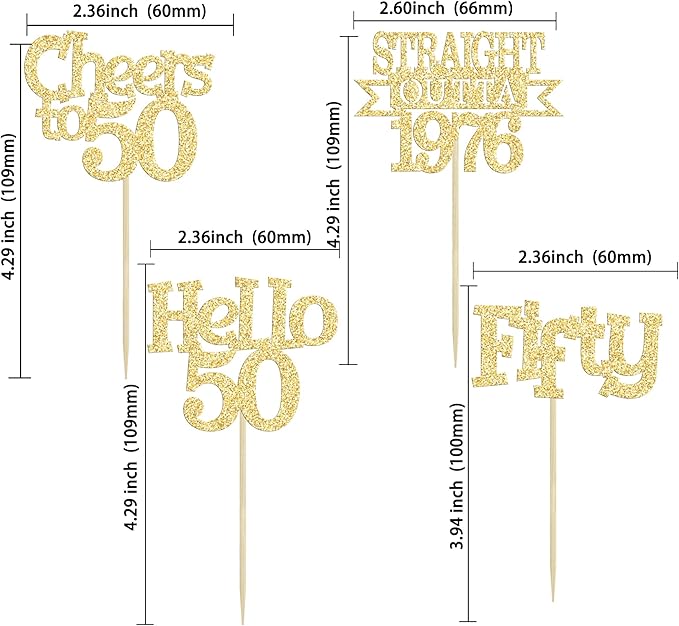 Ephlyn 24Pcs Happy 50th Birthday Cupcake Toppers Glitter Straight Outta 1976 Cupcake Picks Hello 50 Cheers to 50 Years Birthday Cake Decorations for 50th Birthday Anniversary Party Supplies Gold