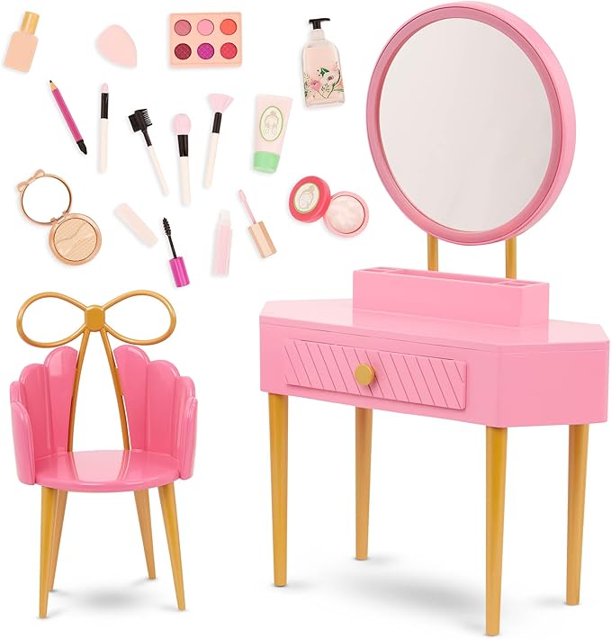 Our Generation - Pink Vanity Table and Chair Set - Makeup & Mirror - 18" Doll Accessories - Imaginative Play - Toys for Kids 3 and Up - Fabulous Play Set of
