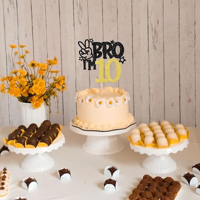 1 PCS Brother I'm 10 Cake Topper Glitter Star Happy 10th Birthday Cake Pick Bro I'm 10 Cake Decoration It's My 10th Birthday Decorations for Boys Cheers to 10 Years Old Birthday Party Supplies Gold