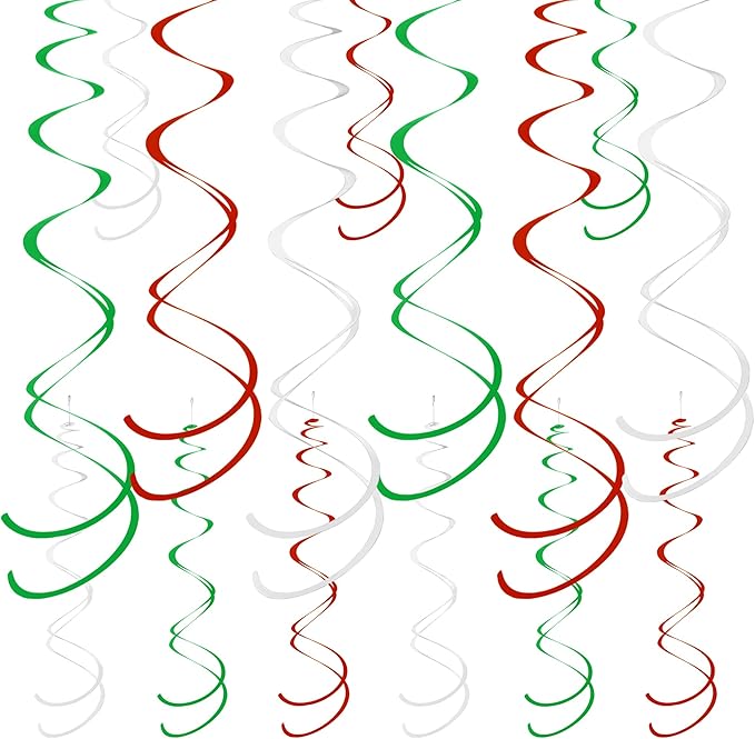 Colorful Ceiling Swirl Foil Decorations Hanging Plastic Streamer Themed Swirl Party for Graduation Celebration, Pack of 28 (Red, Green and Sliver)
