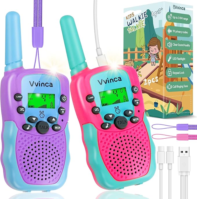 Vvinca Rechargeable Walkie Talkies for Kids 4 Pack, 5-7 Year Old Boy Toys Long Range 22 Channels 2 Way Kids Walkie Talkie with Flashlight for Camping Hiking Indoor Outdoor 3 4 5 6-12 Girl Boy Gift