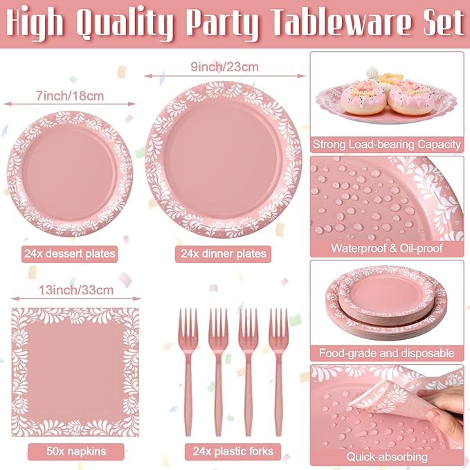 122 Pcs Light Pink Cielito Lindo Party Decoration Platos De Barro Mexicanos Fiesta Paper Plates Mexican Napkins Forks Tableware Set for Baby Shower Birthday Wedding Supplies, Serve 24