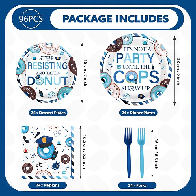 96Pcs Police Party Decorations Donut Party Plates and Napkins Sheriff Tableware for Police Birthday Retirement Decorations