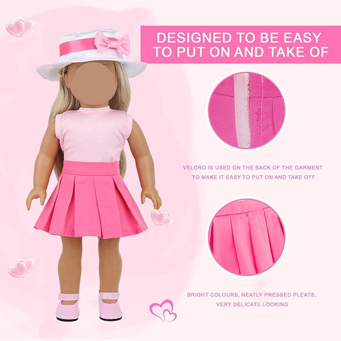 18 Inch Doll Clothes and Accessories, 8 Pcs Girl American Doll Clothing Includes Blazer Vest Pleated Skirt Hat Scarf Handbag Shoes Mobile Phone Travel Gear Play Set Birthday Gift for Age 3 4 5 6 Girls