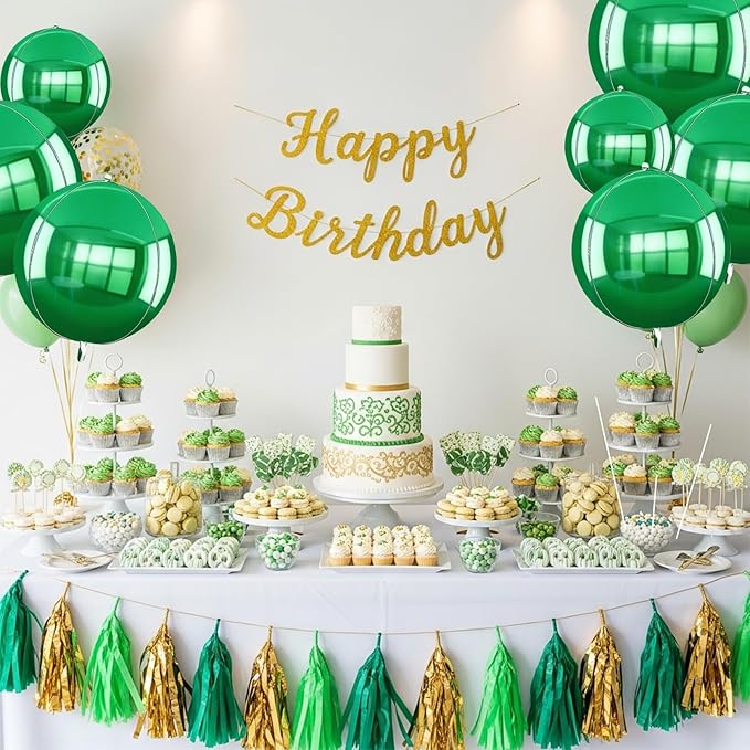 TONIFUL 16Pcs Large Green 4D Giant Round Foil Balloon 4D Mirror Metallic Mylar Sephere Balloons for Christmas New Year Birthday Party Graduation Wedding Baby Shower Decoration Supplies(Mix Sizes)