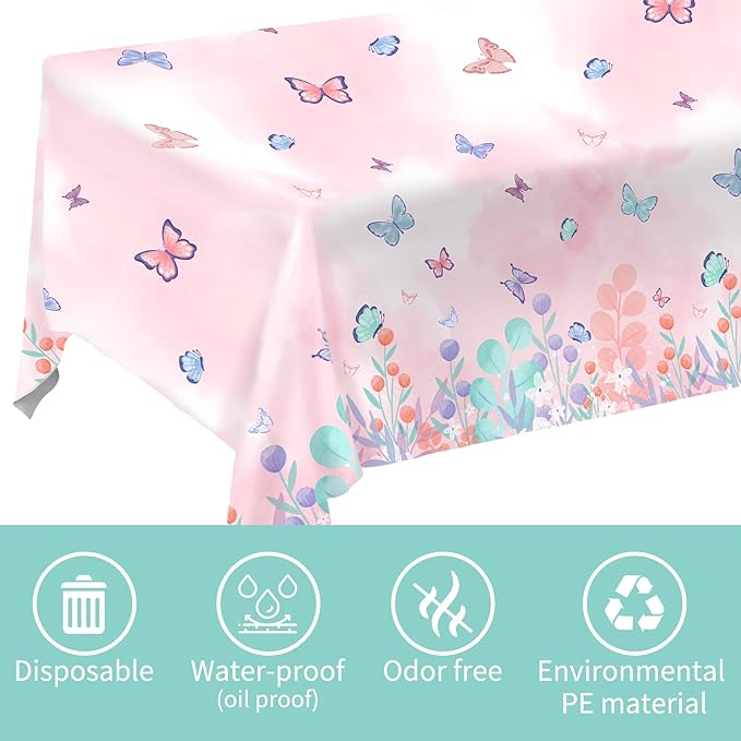 Gatherfun Butterfly Disposable Tablecloth, Plastic Table Cover for Kid’s Birthday Party, 3 PCS, 54”x 108”