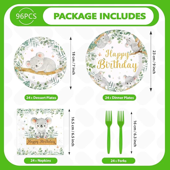 96Pcs Koala Birthday Party Decorations Koala Birthday Plates and Napkins Sets Safari Jungle Animal Australian Decorations for Baby Shower Birthday Zoo Junlge Animal Party Supplies Serves 24
