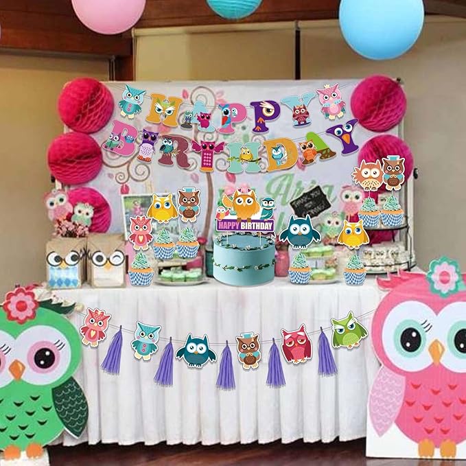 Owl Birthday Decorations - Cute Owl Theme Party Supplies with Birthday Banner, Colorful Tissue Paper Tassels Garland, Cake Toppers Set for Baby Shower, Kids Woodland Bday Party Decors