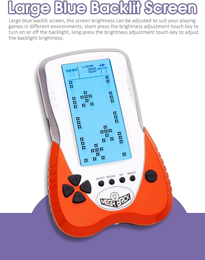 Retro Block Brick Game Console Large Screen Blue Backlight Brightness can be Adjusted Build in 23 Game Compatible with Lithium Battery/AAA Batteries can Plug in Headphone Christmas GIF(Orange)