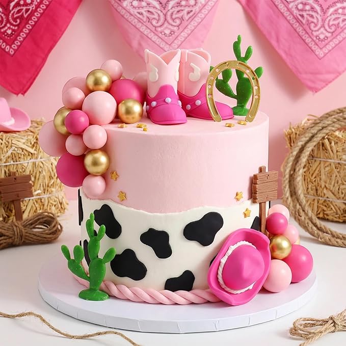 Knana 21Pcs Pink Cowgirl Birthday Cake Topper Cowgirl Hat Cake Topper with Pink Boot for Western Cowgirl Birthday Party Supplies