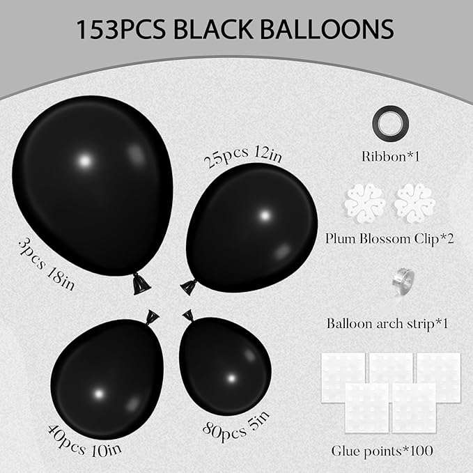Amandir 153 Pcs Black Balloons Arch Garland Kit, Different Sizes 18 12 10 5 Inch Matte Black Latex Balloons for Retirement Graduation Casino Movie Night Men Birthday Shower Party Decorations