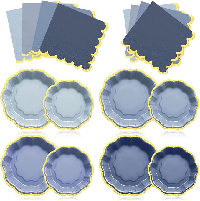 Vesici 144 Pcs Dusty Blue Party Plates with Napkins 9 Inch 7 Inch Paper Plates and Disposable Napkins with Gold Foil Border for Tea Birthday Bridal Baby Shower Wedding Party Supplies