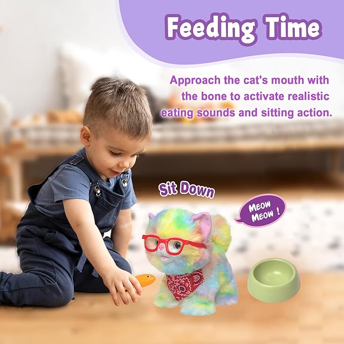 YH YUHUNG Walking Robot Cat Toy for Kids 3+, Remote Leash Controller — Rainbow Plush Kitty That Walks, Meows & Wags Tail, Vet Playset Accessories, Soft Fur, Battery-Powered