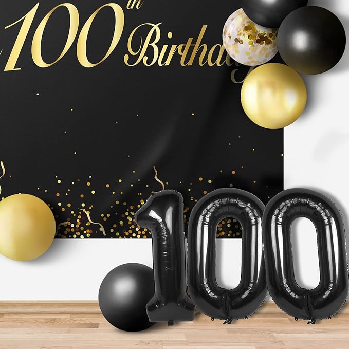 Happy 100th Birthday Balloons Black Set Decor - Cheers to 100 Years Old Party Theme Garland Banner Backdrop Decorations For Women and Men Supplies