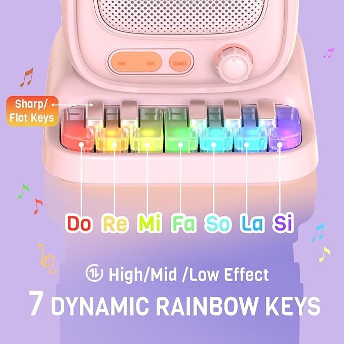 Mini Karaoke Machine with Colorful 7 Piano Keys,Top Christmas Birthday Gifts for 3 4 5 6 7 8 9 10 11 12+ Years Old, Portable Bluetooth Speaker with Wireless Microphone,Boys and Girls Gift-Pink